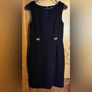 Tahari Arthur S Levine - Navy Sheath Dress -Gold Horsebit Waist - Size 4